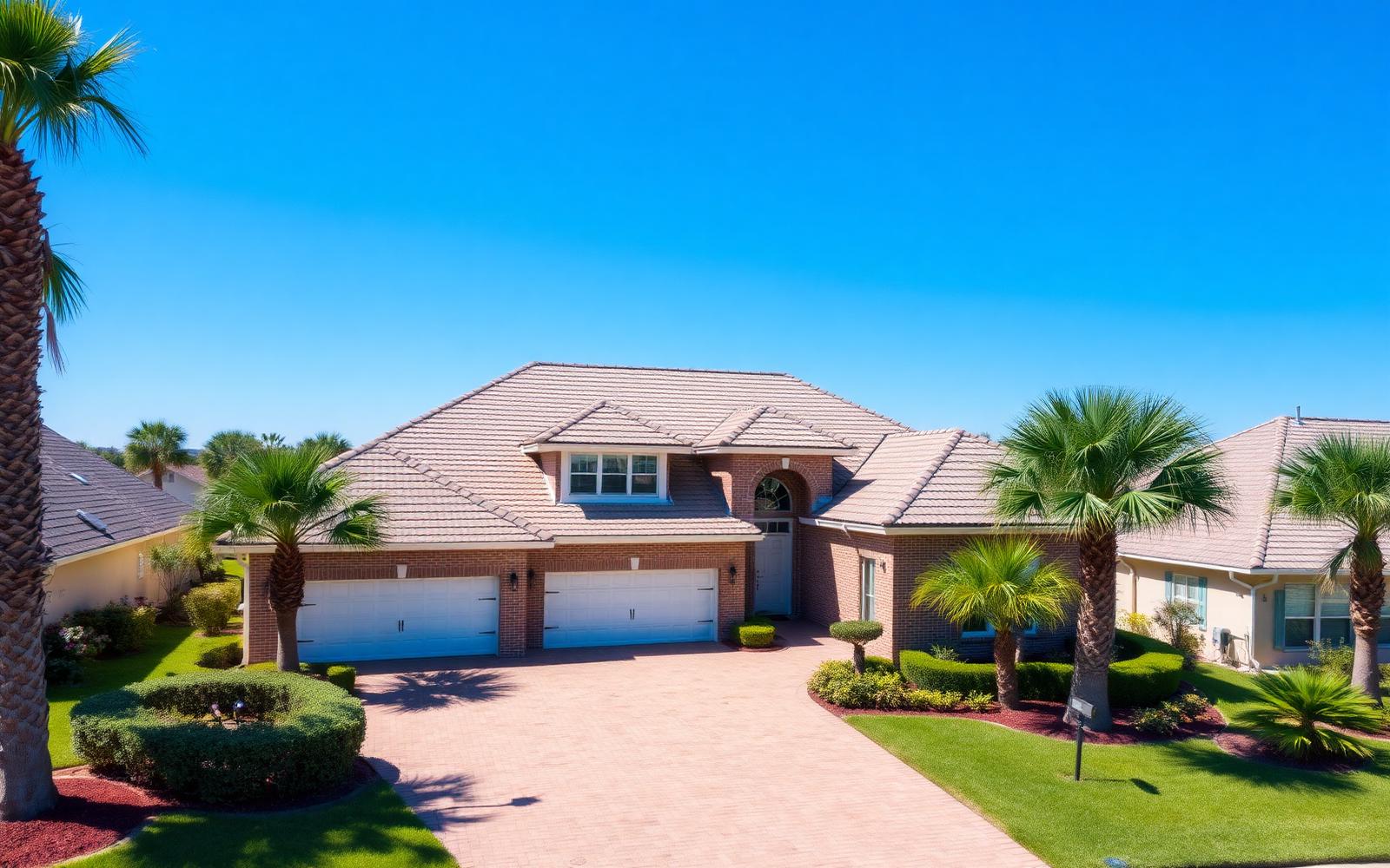 Aerial view of a Tampa home with clean roof, driveway pavers, and landscaping